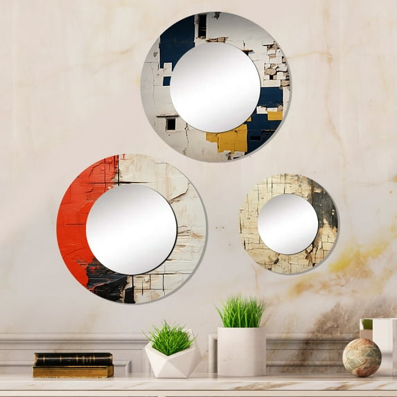 Designart "Yesterday's History Retro Reflection II" Modern Geometric Round Mirror Set of 3 - Modern Beige Round Office Wall Mounted Mirror Set