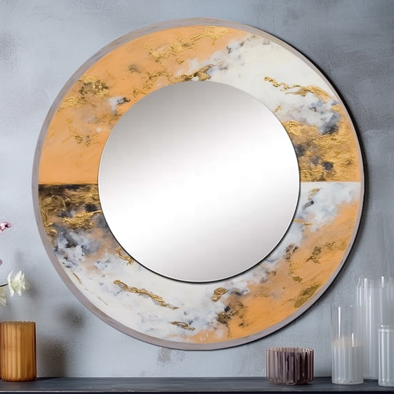 Designart "Yin and Yang in Gold and White I" Meditation Rund Mirror For Wall Decor - Large Gold Round Printed Mirror -Traditional Round Living Room Mirror - 23" x 23"