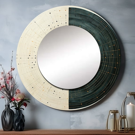 Designart "Ying Yong Grey White Minimalist" Abstract Collages Rund Mirror For Wall Decor - Large Grey Round Printed Mirror -Modern Round Living Room Mirror - 23" x 23"