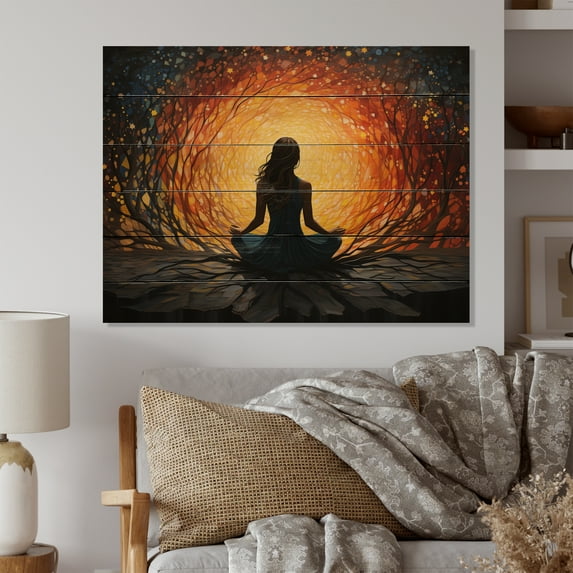 Designart "Yoga in the Forest in Yellow and Black III" Yoga Print on Natural Pine Wood