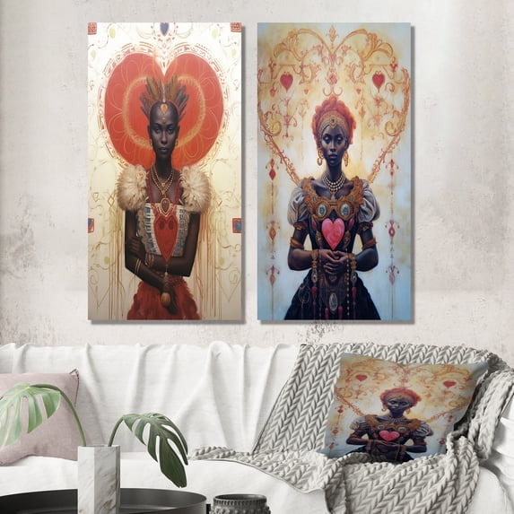 Designart "Yoruba Goddess Sacred Heart of Love in Haitian Culture VII" African American Woman Wall Art Set Of 2 - Glam Red Canvas Set For Living Room Decor
