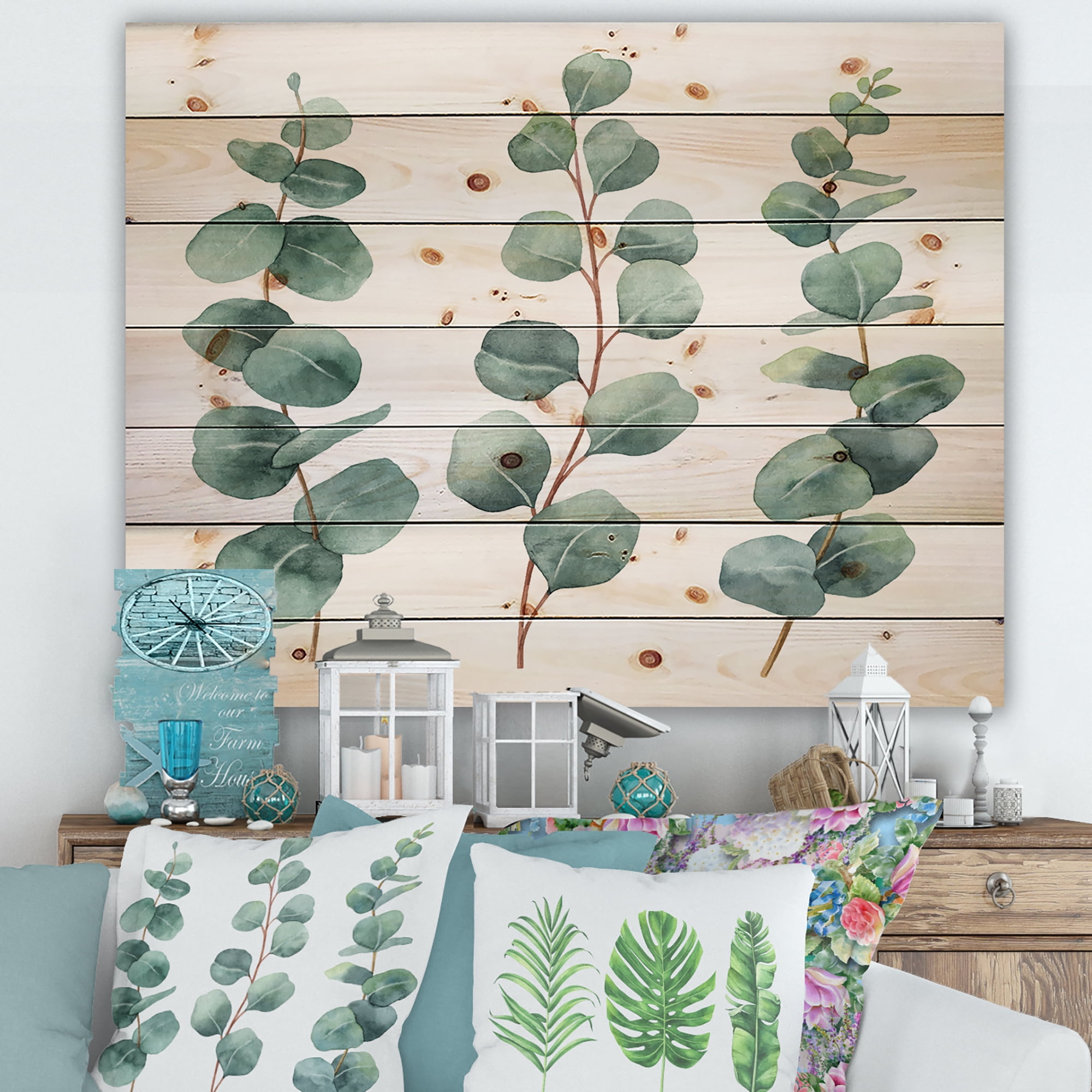 Designart 'Young Eucalyptus Branches and Leaves I' Traditional Print on Natural Pine Wood
