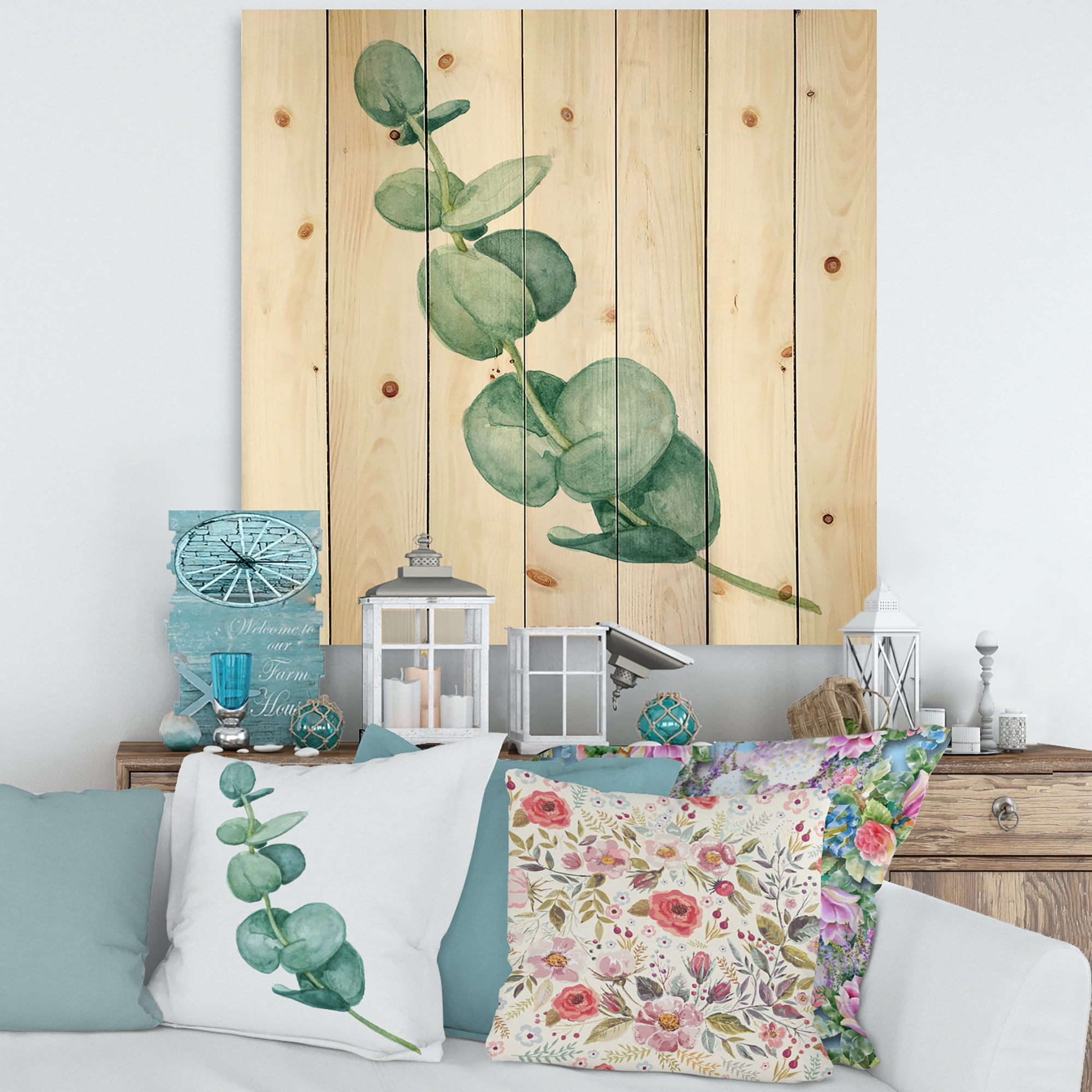 Designart 'Young Eucalyptus Branches and Leaves II' Traditional Print on Natural Pine Wood
