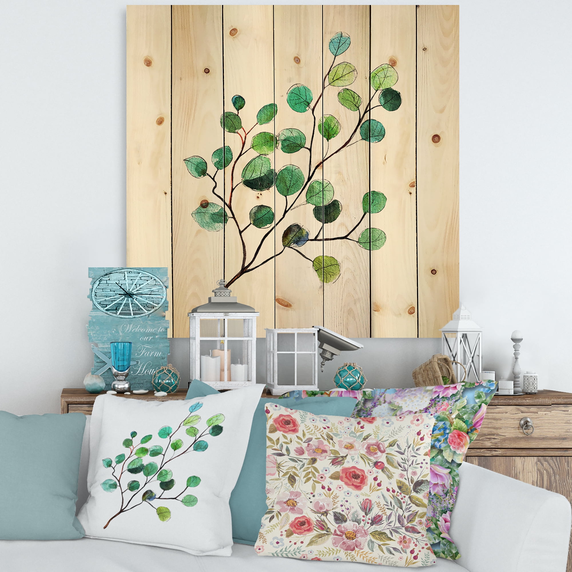 Designart 'Young Eucalyptus Branches and Leaves IV' Traditional Print on Natural Pine Wood