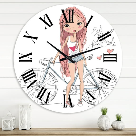 Designart 'Young Girl With Bicycle' Children'S Art Wall Clock