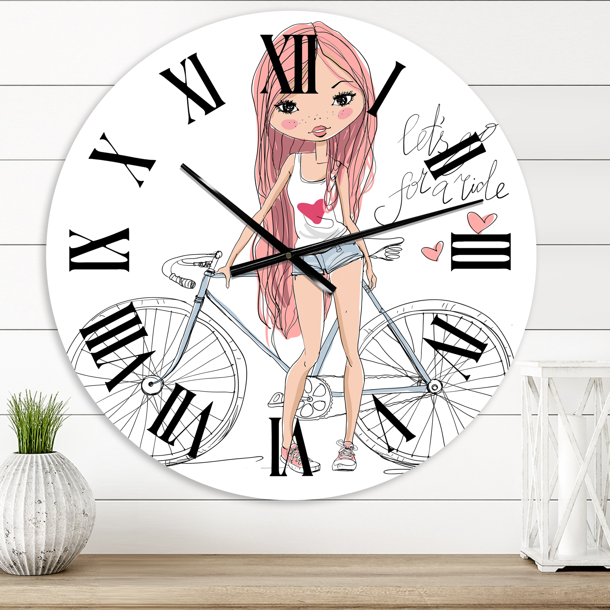 Designart 'Young Girl With Bicycle' Children'S Art Wall Clock