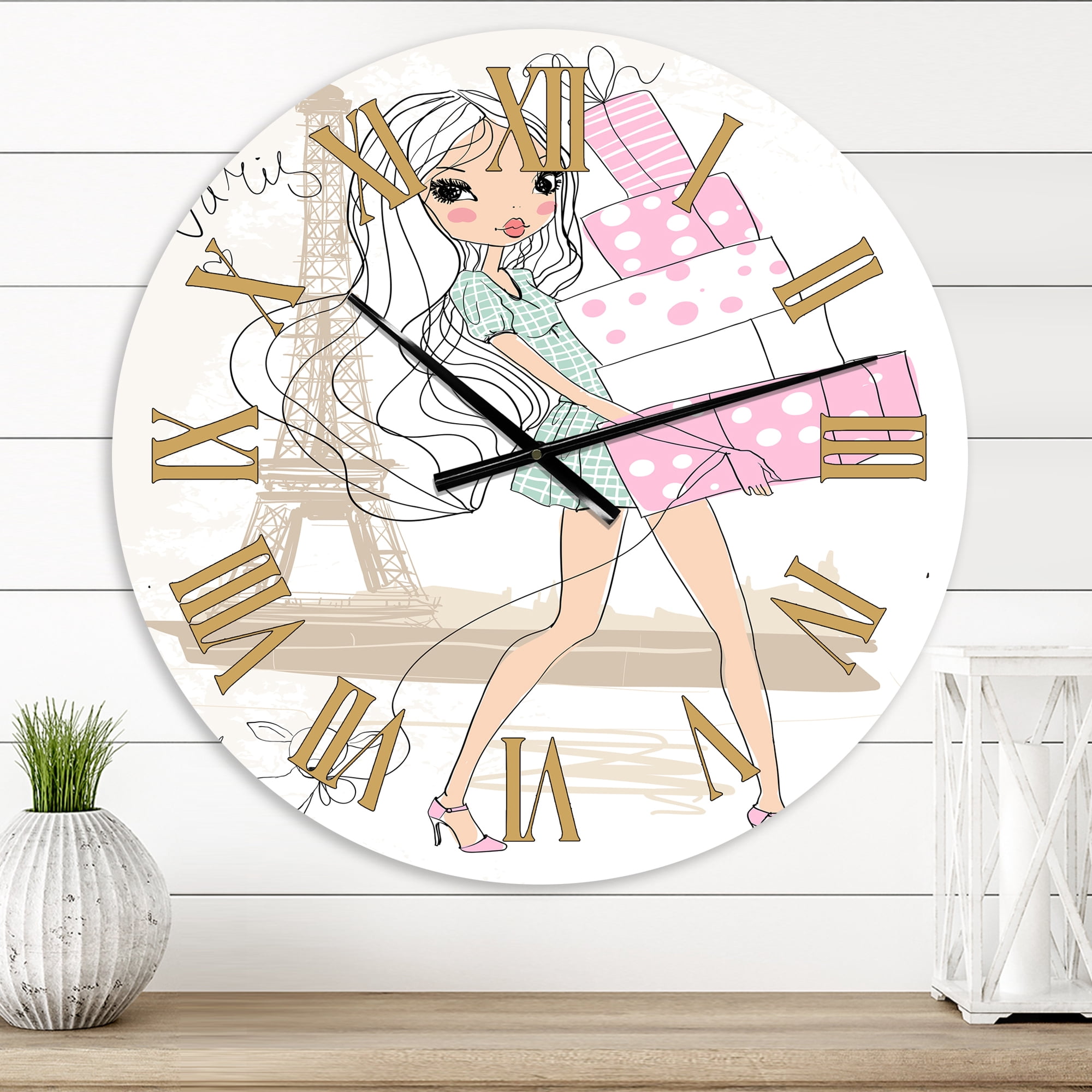 Designart 'Young Girl With Shopping Boxes In Paris' Shabby Chic Wall Clock