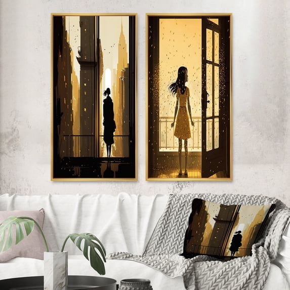 Designart "Young Woman Exploring New York City I" City New York Framed Wall Art Set Of 2 - Traditional Black Framed Wall Art Set Of 2