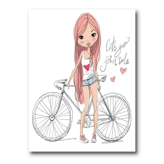 Designart ' Young Woman With Bicycle ' Children's Art Canvas Wall Art Print