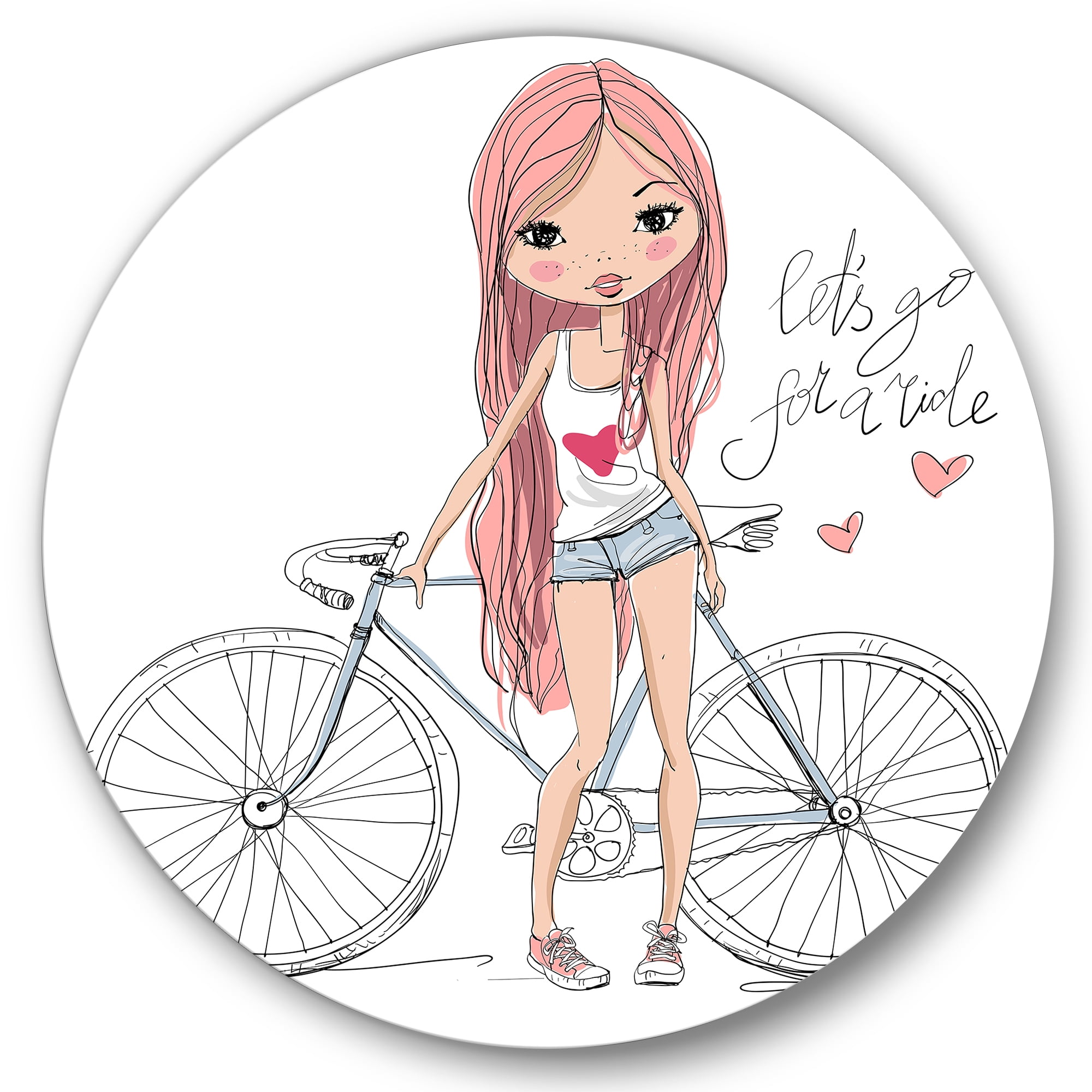 Designart 'Young Woman With Bicycle' Children's Art Circle Metal Wall Art 29x29 - Disc of 29