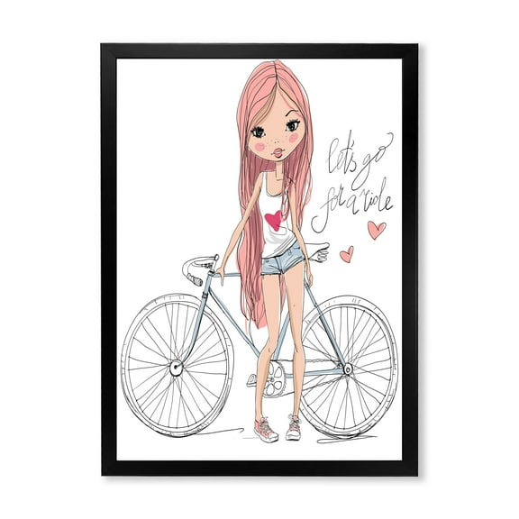 Designart 'Young Woman With Bicycle' Children's Art Framed Art Print