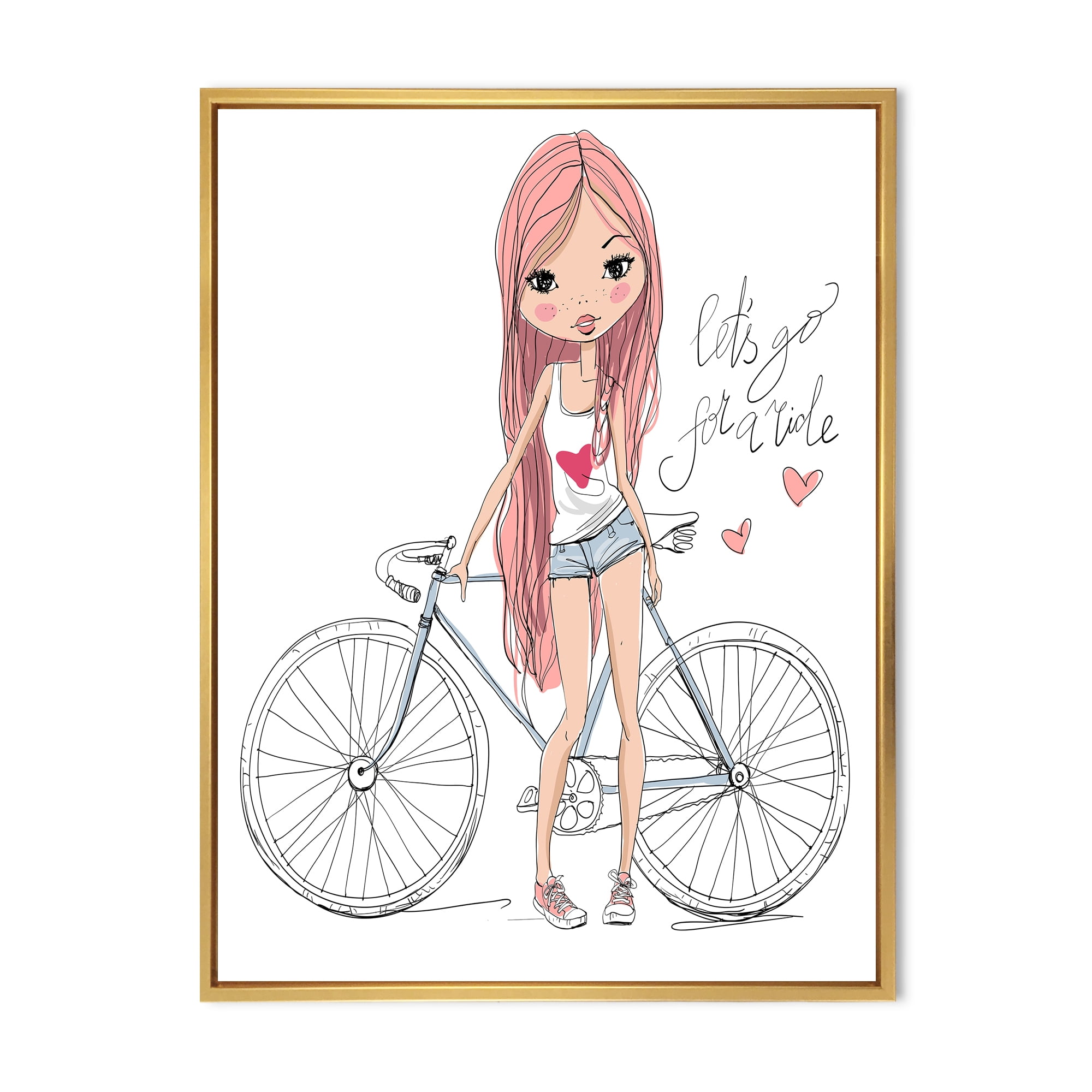 Designart 'Young Woman With Bicycle' Children's Art Framed Canvas Wall Art Print
