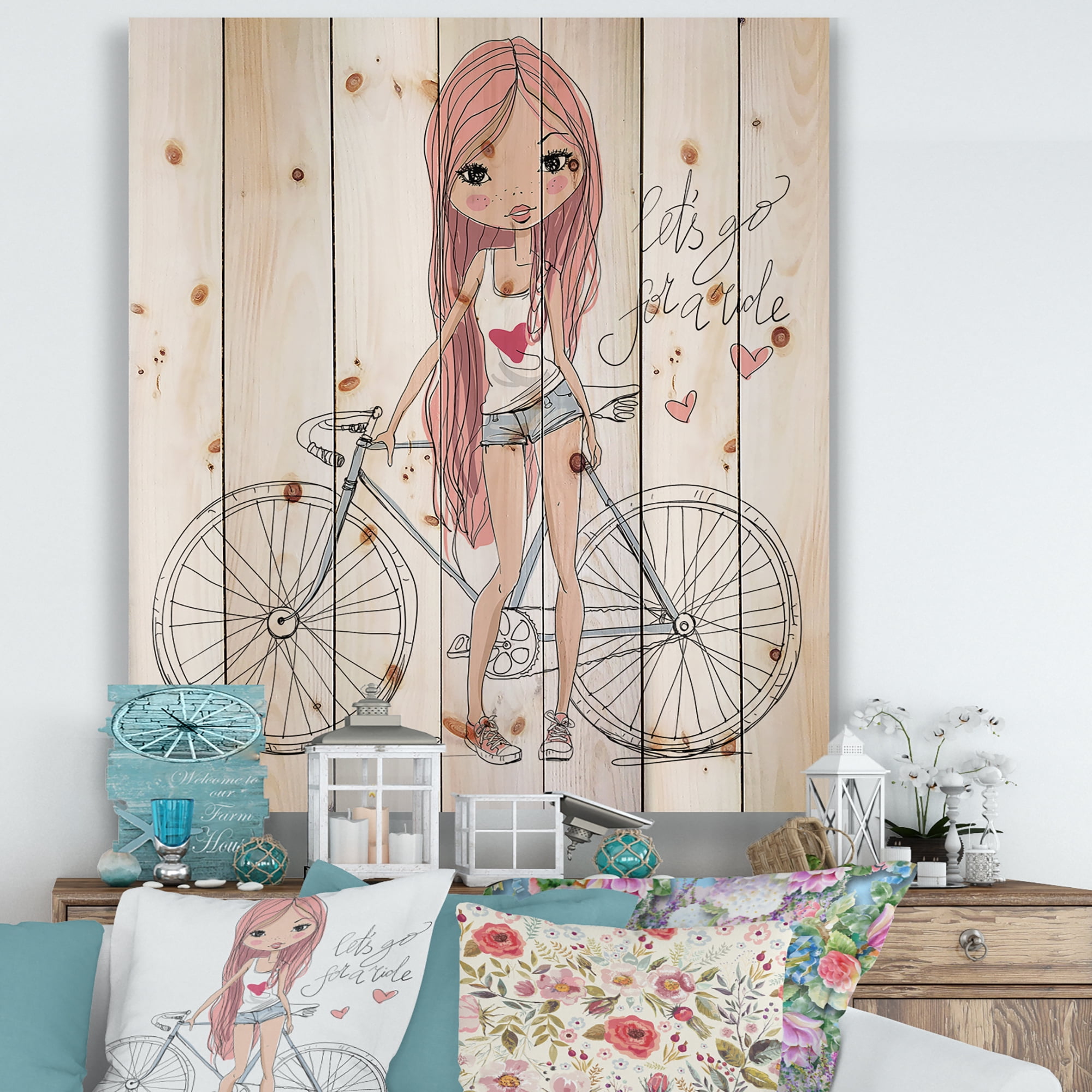 Designart 'Young Woman With Bicycle' Children's Art Print on Natural Pine Wood