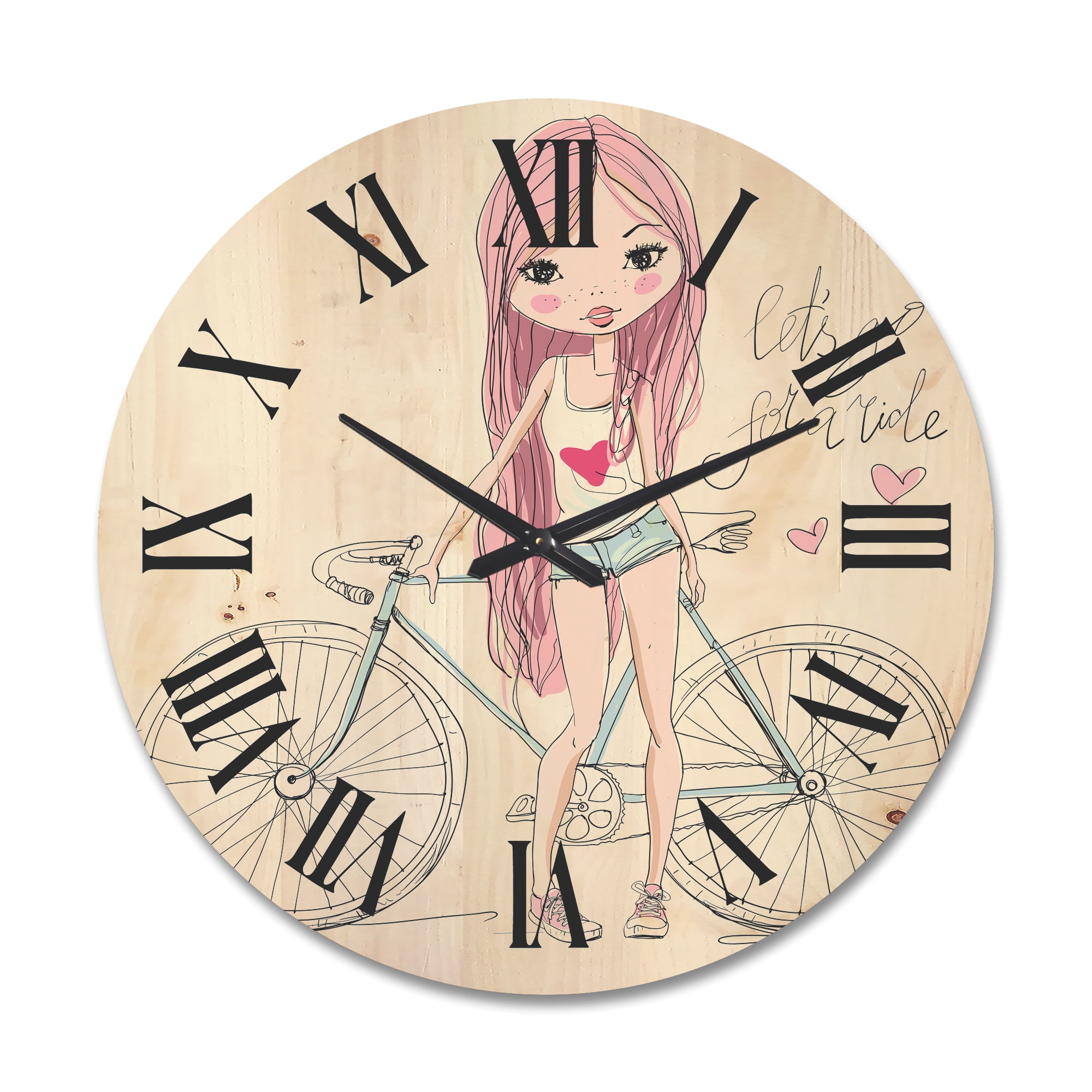 Designart 'Young Woman With Bicycle' Children's Art Wood Wall Clock