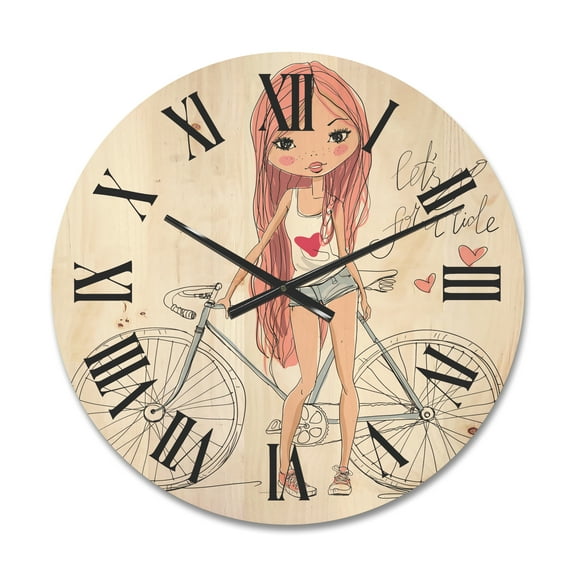 Designart 'Young Woman With Bicycle' Children's Art Wood Wall Clock