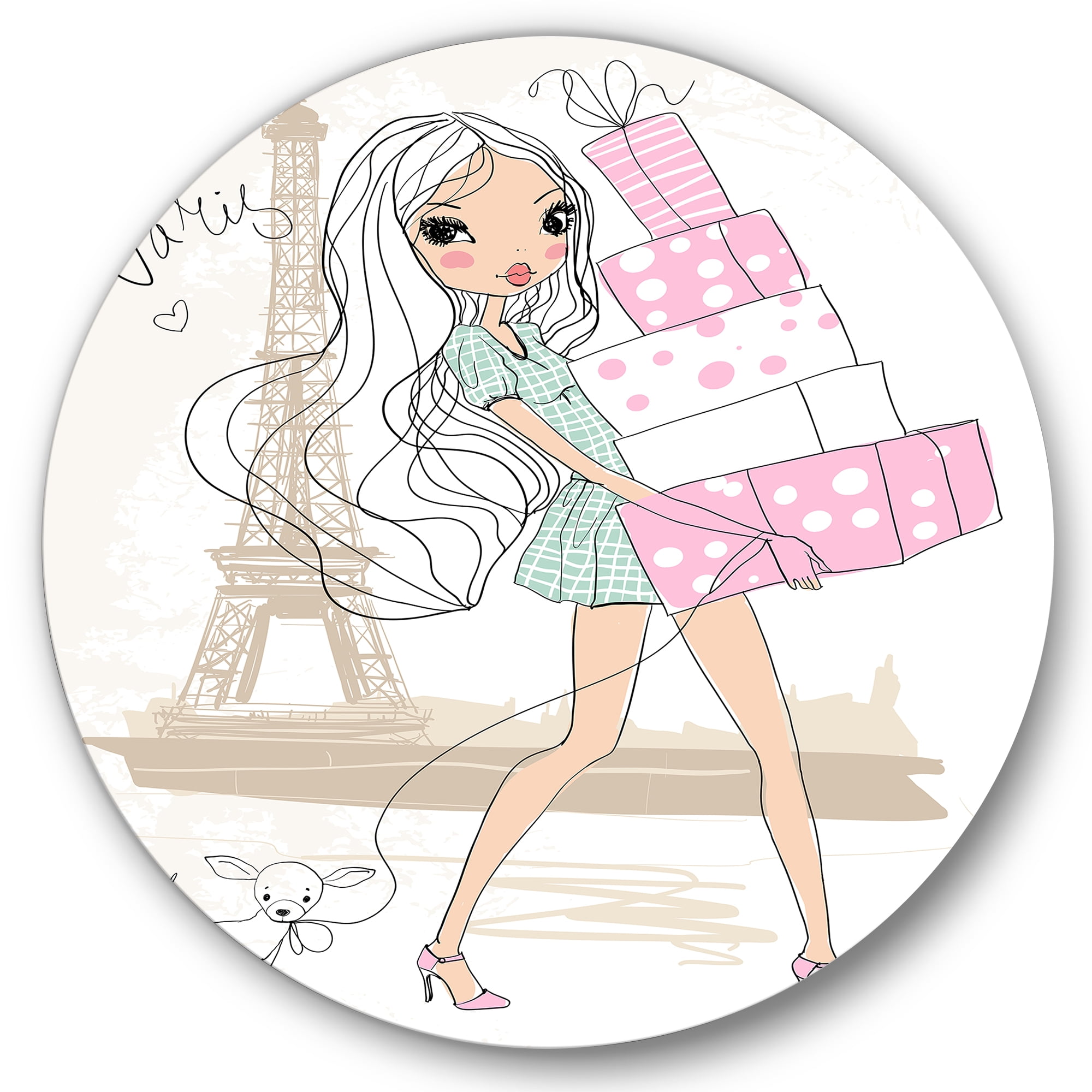 Designart 'Young Woman With Shopping Boxes In Paris' Shabby Chic Circle Metal Wall Art 29x29 - Disc of 29