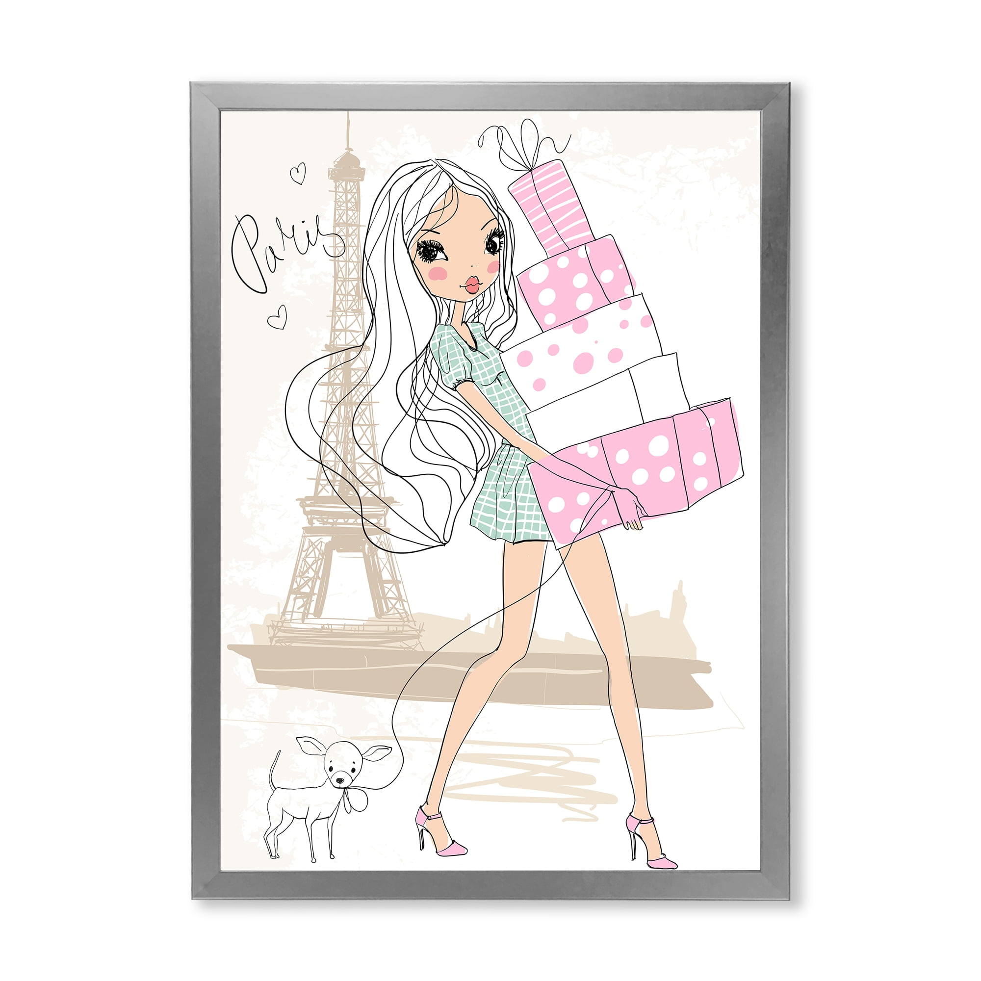 Designart 'Young Woman With Shopping Boxes In Paris' Shabby Chic Framed Art Print