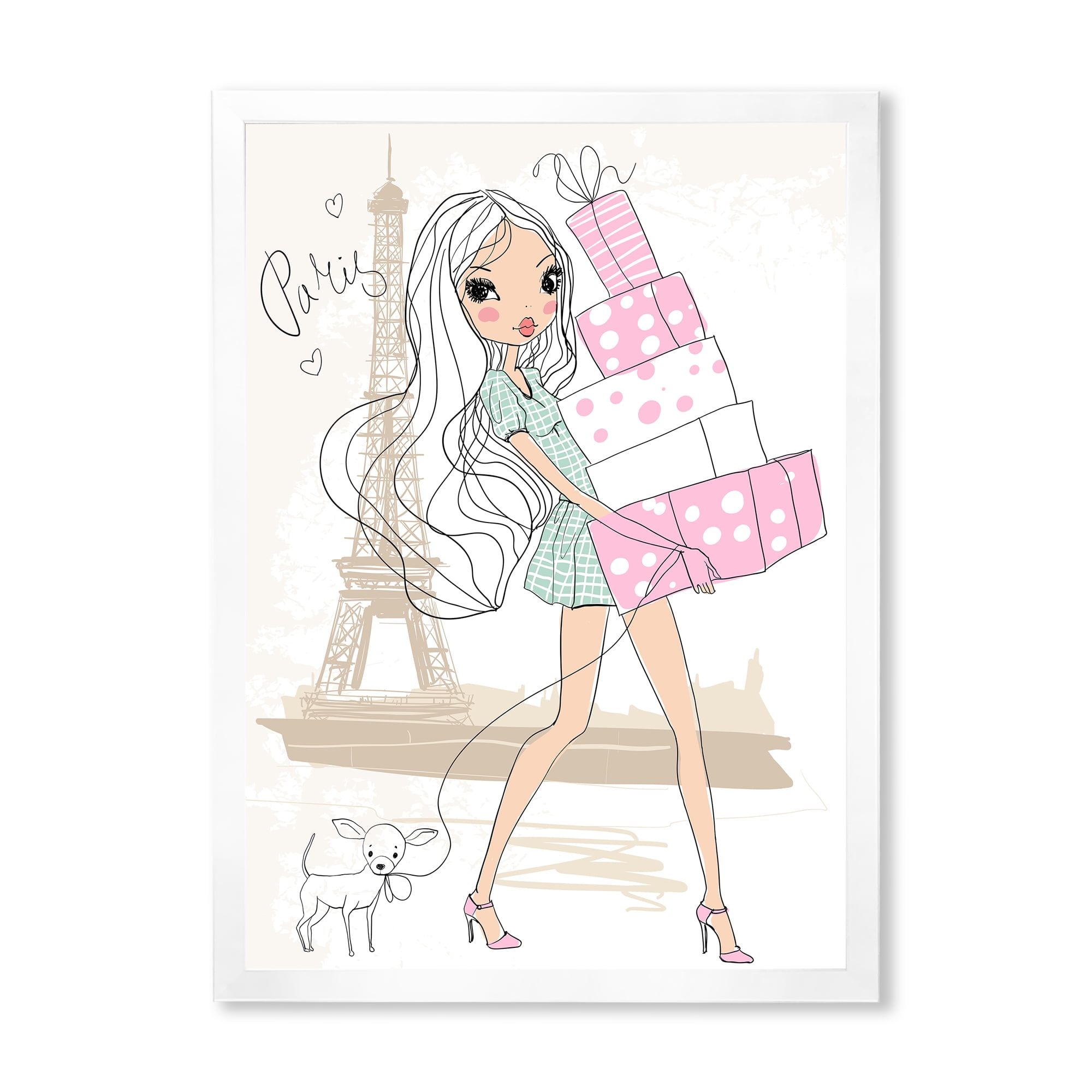 Designart 'Young Woman With Shopping Boxes In Paris' Shabby Chic Framed Art Print