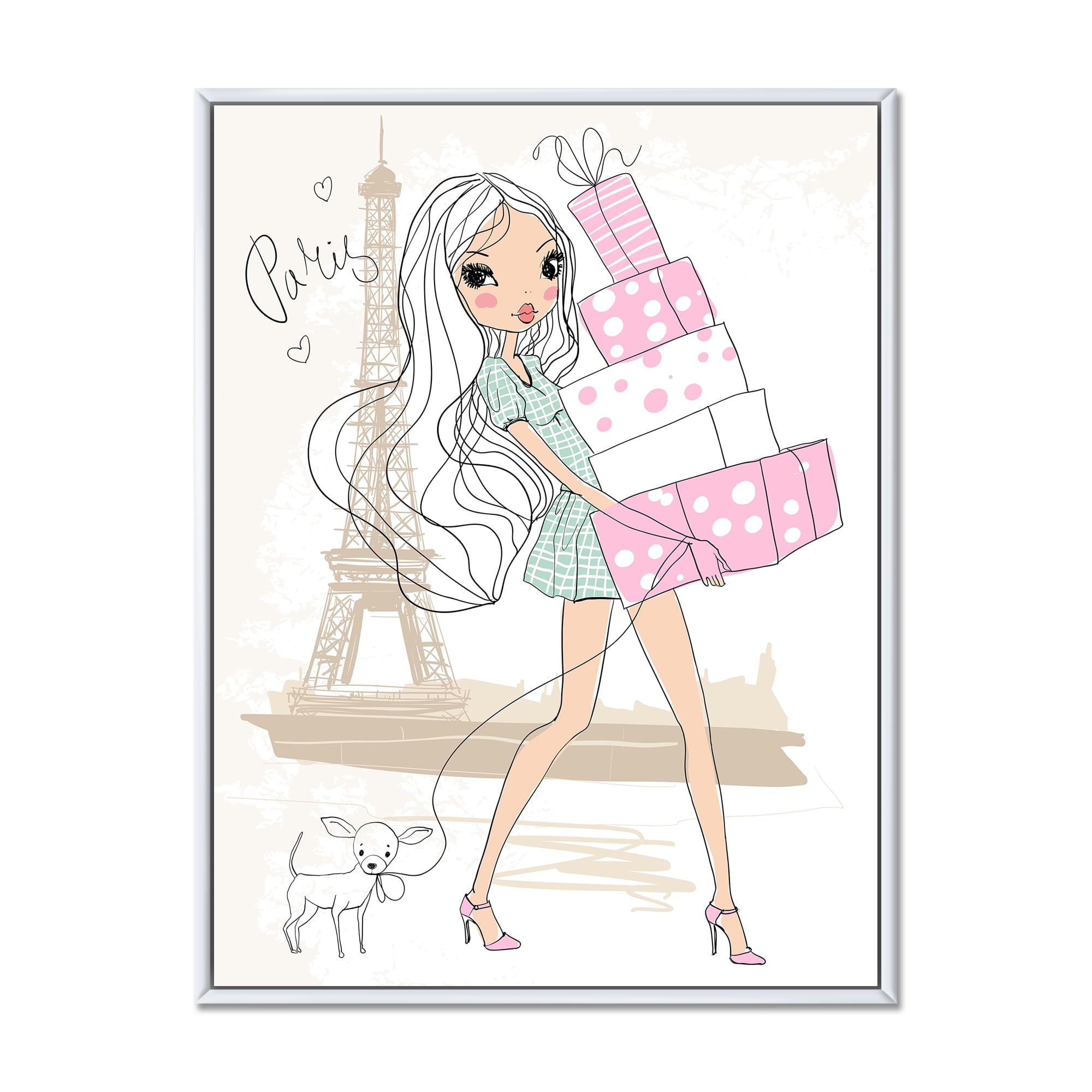 Designart 'Young Woman With Shopping Boxes In Paris' Shabby Chic Framed Canvas Wall Art Print