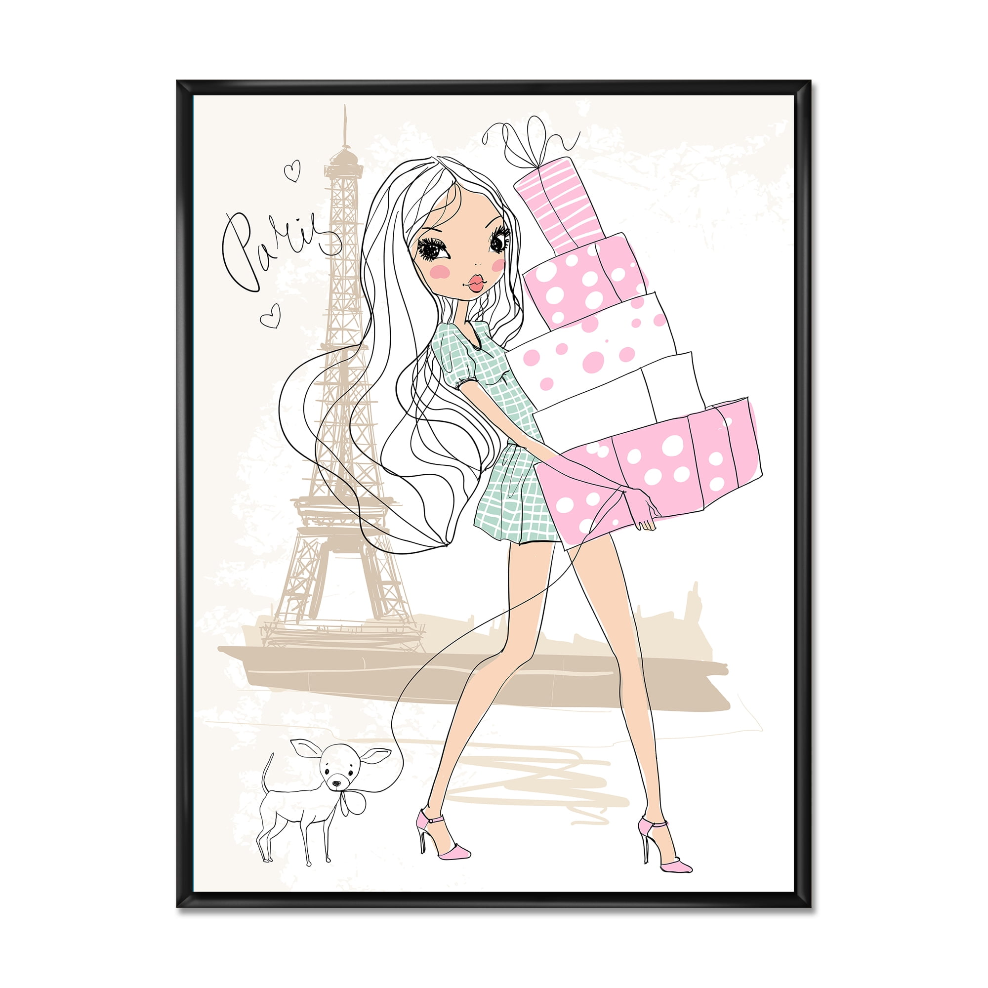 Designart 'Young Woman With Shopping Boxes In Paris' Shabby Chic Framed Canvas Wall Art Print