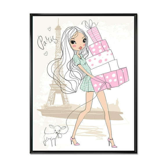 Designart 'Young Woman With Shopping Boxes In Paris' Shabby Chic Framed Canvas Wall Art Print