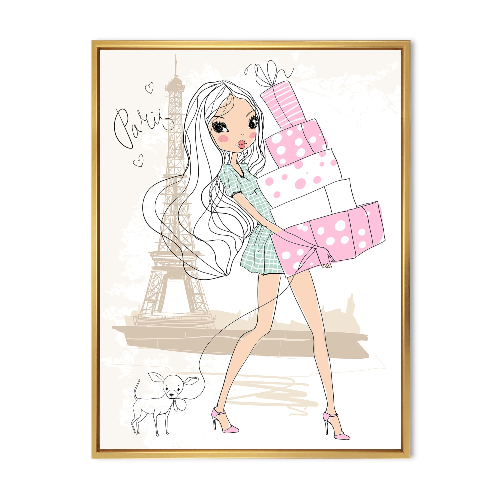 Designart 'Young Woman With Shopping Boxes In Paris' Shabby Chic Framed Canvas Wall Art Print