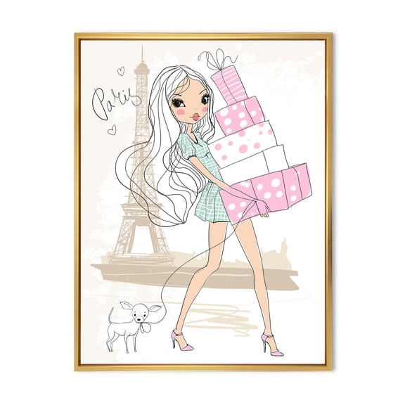 Designart 'Young Woman With Shopping Boxes In Paris' Shabby Chic Framed Canvas Wall Art Print