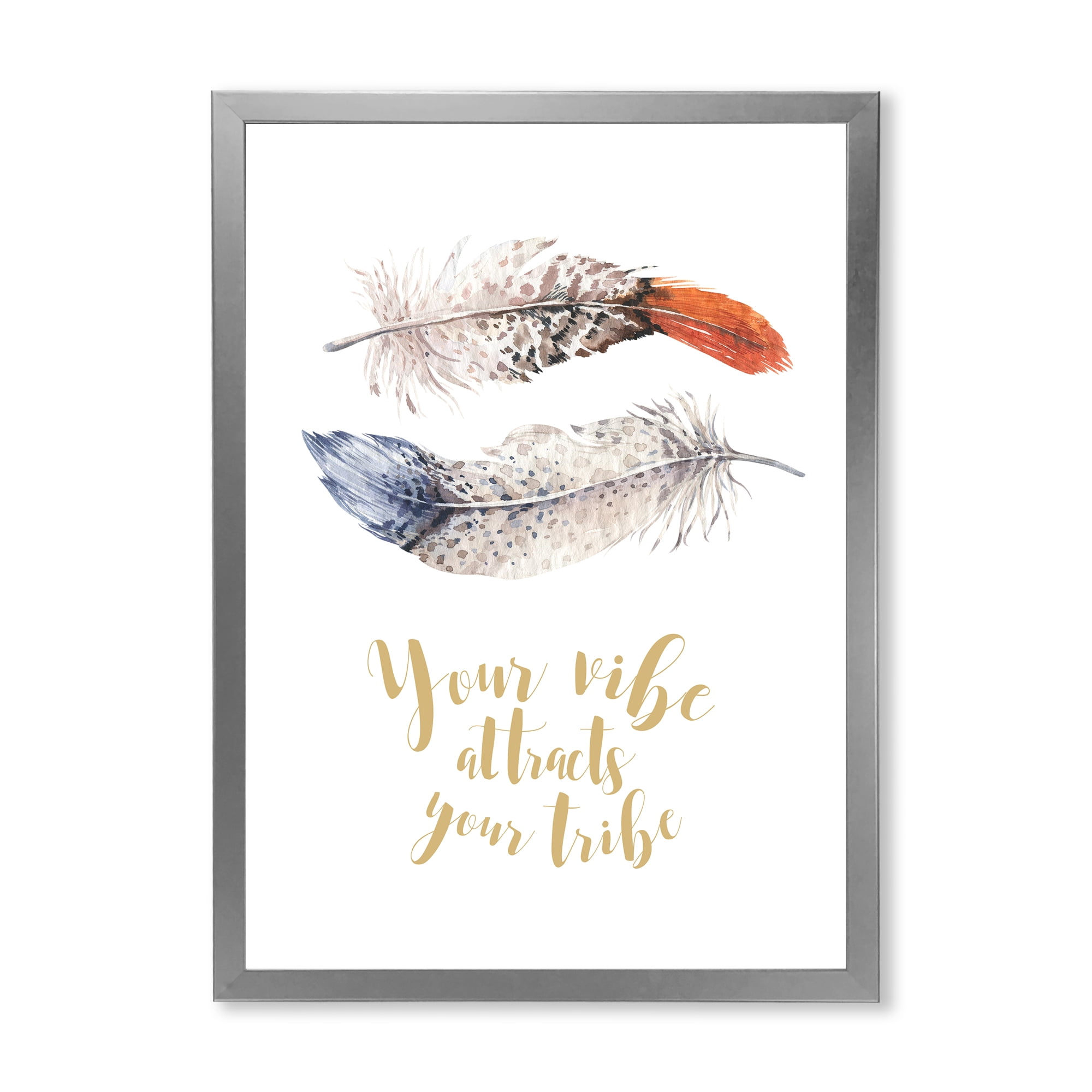Designart 'Your VIbe Attracts Your Tribe Two Feathers ' Bohemian & Eclectic Framed Art Print
