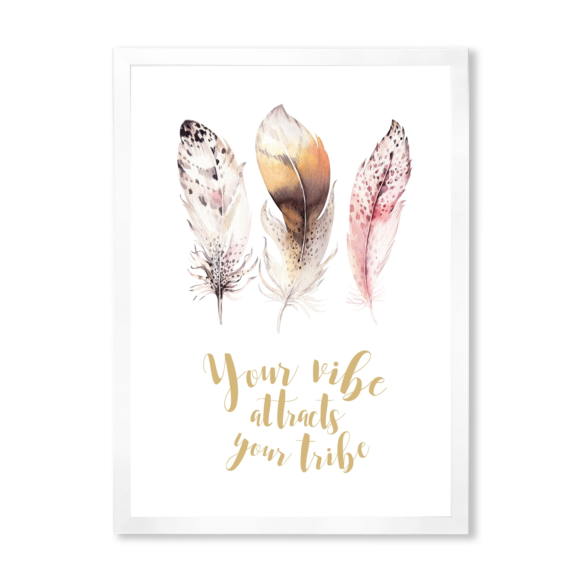 Designart 'Your Vibe Attracts Your Tribe Ethnic Feathers I' Bohemian & Eclectic Framed Art Print