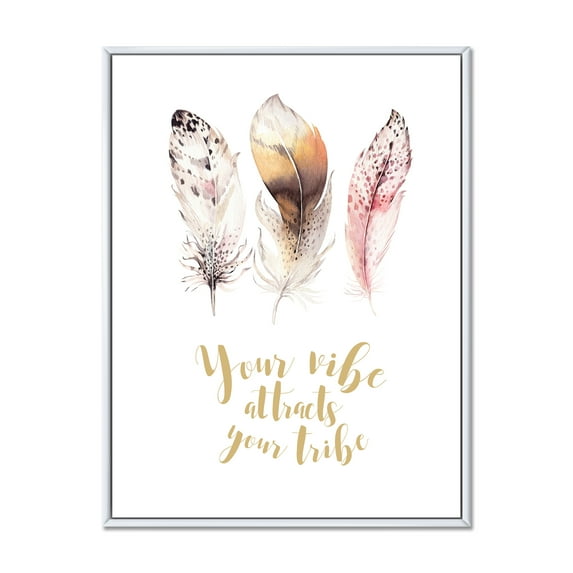 Designart 'Your Vibe Attracts Your Tribe Ethnic Feathers I' Bohemian & Eclectic Framed Canvas Wall Art Print