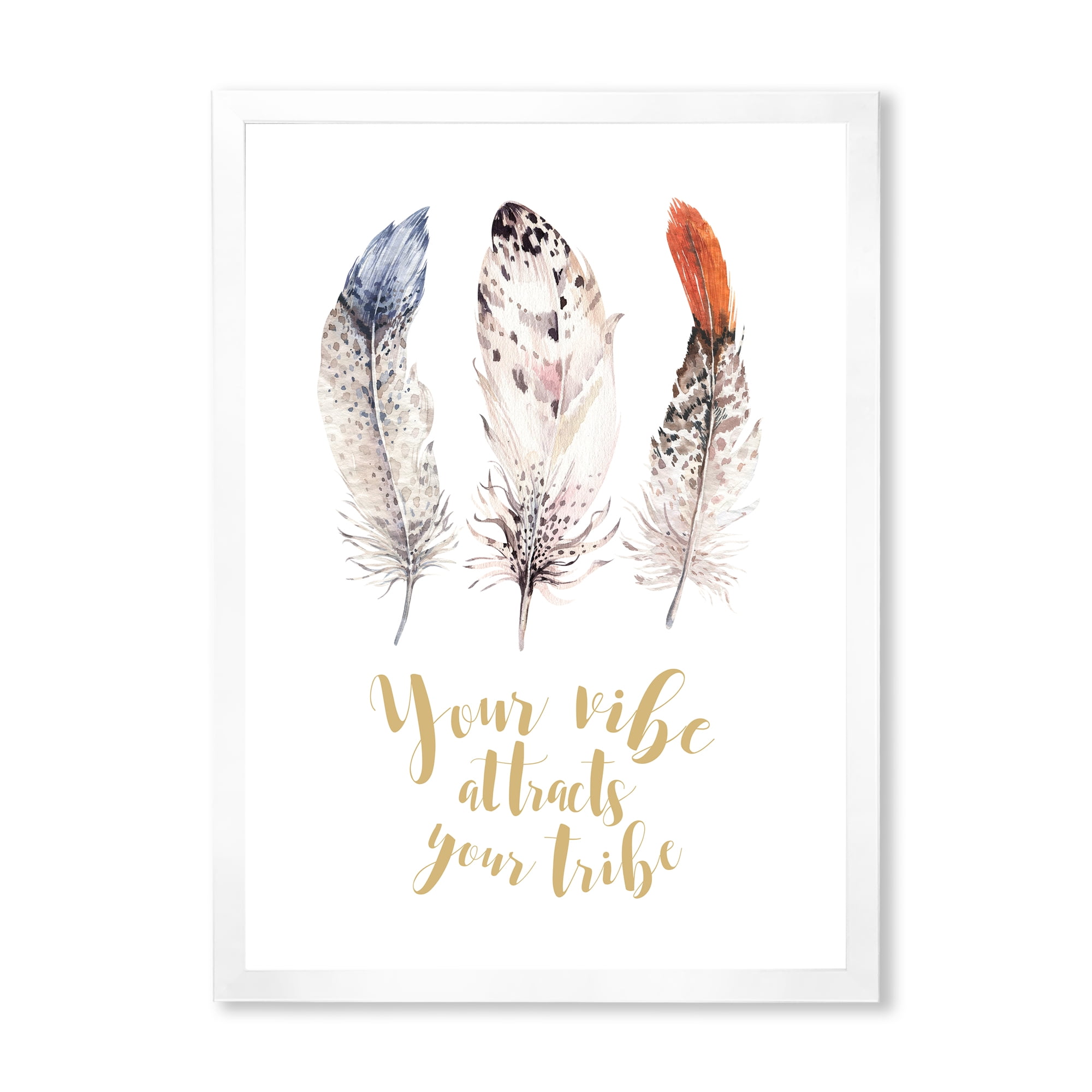 Designart 'Your Vibe Attracts Your Tribe Ethnic Feathers II' Bohemian & Eclectic Framed Art Print