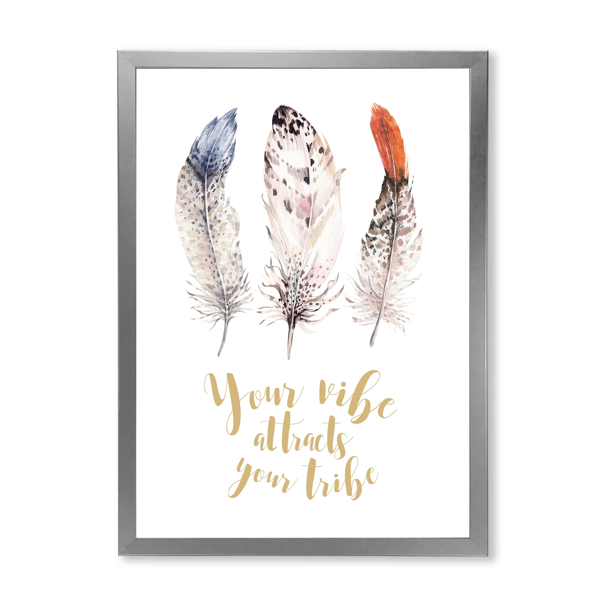 Designart 'Your Vibe Attracts Your Tribe Ethnic Feathers II' Bohemian & Eclectic Framed Art Print