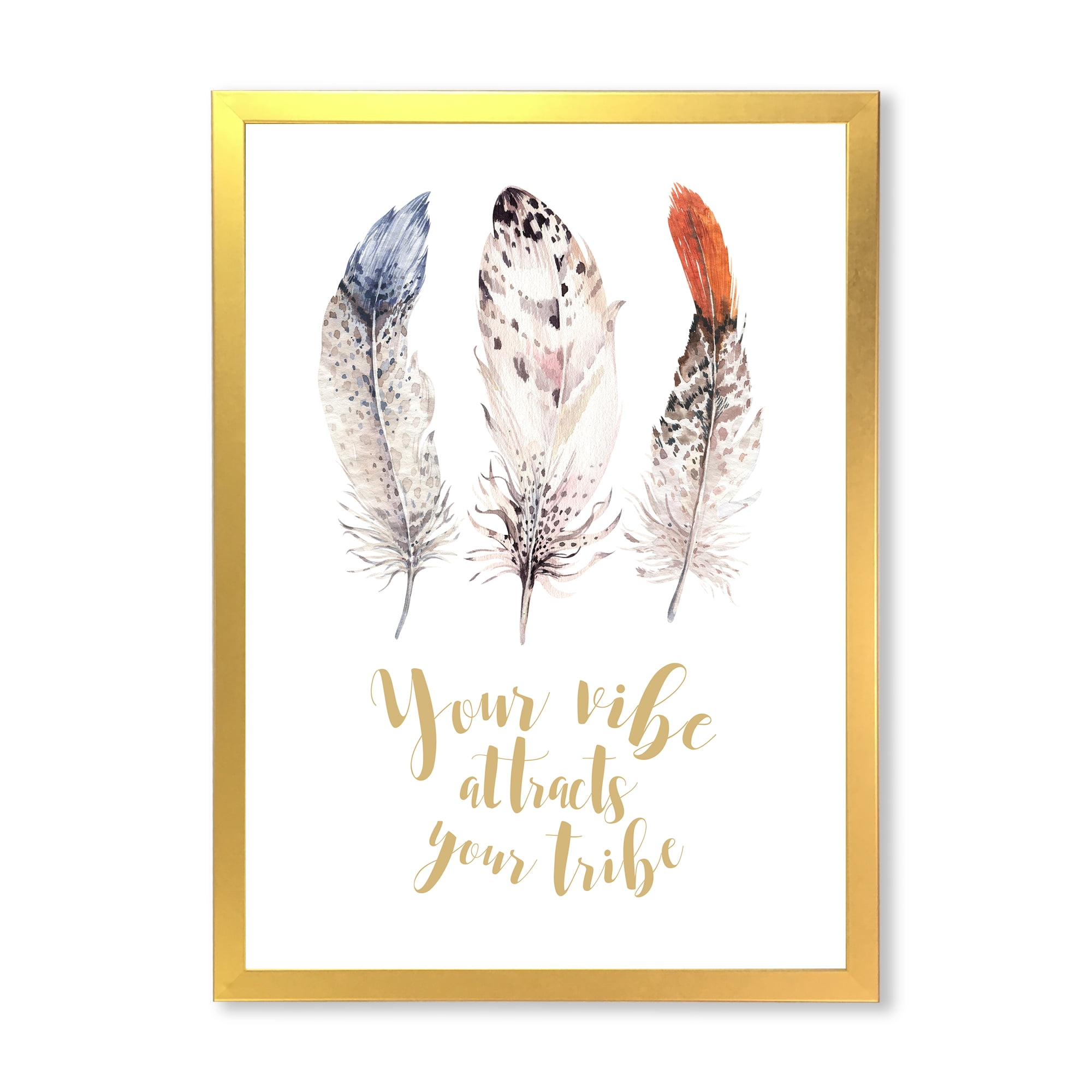 Designart 'Your Vibe Attracts Your Tribe Ethnic Feathers II' Bohemian & Eclectic Framed Art Print