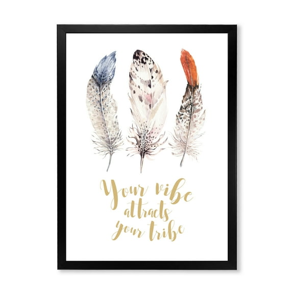 Designart 'Your Vibe Attracts Your Tribe Ethnic Feathers II' Bohemian & Eclectic Framed Art Print