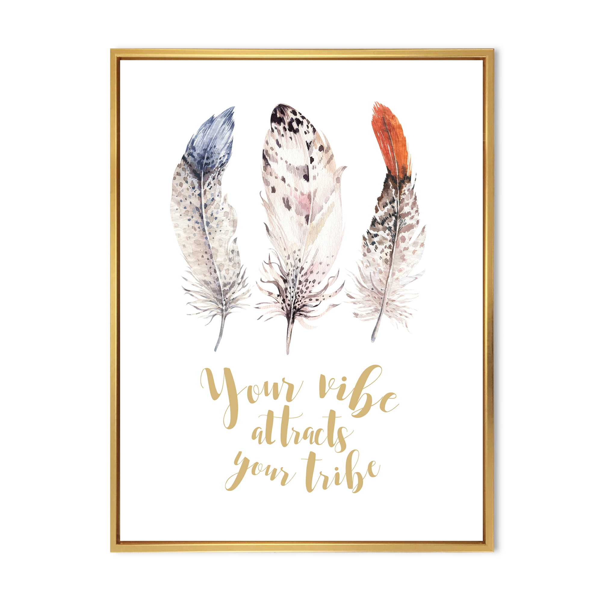 Designart 'Your Vibe Attracts Your Tribe Ethnic Feathers II' Bohemian & Eclectic Framed Canvas Wall Art Print