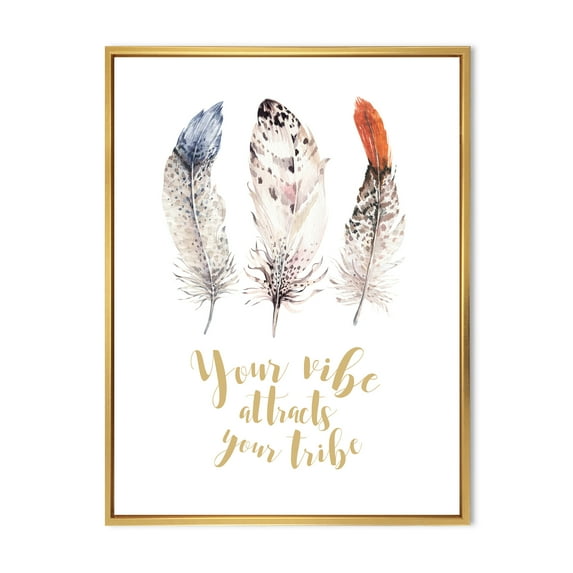 Designart 'Your Vibe Attracts Your Tribe Ethnic Feathers II' Bohemian & Eclectic Framed Canvas Wall Art Print