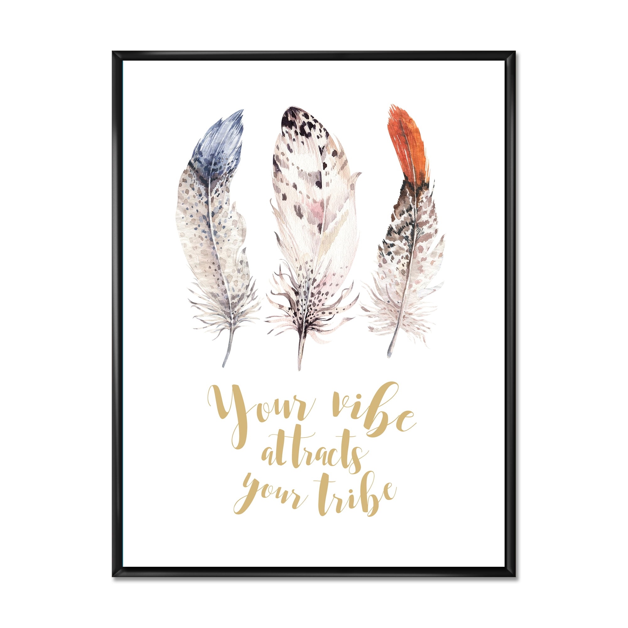 Designart 'Your Vibe Attracts Your Tribe Ethnic Feathers II' Bohemian & Eclectic Framed Canvas Wall Art Print