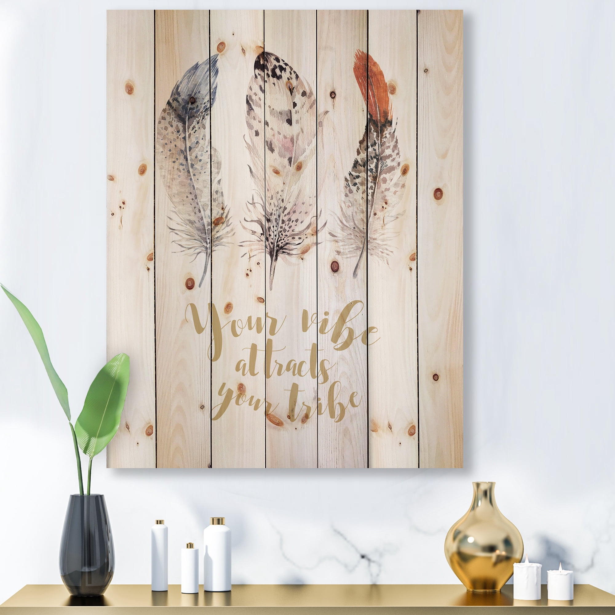 Designart 'Your Vibe Attracts Your Tribe Ethnic Feathers II' Bohemian & Eclectic Print on Natural Pine Wood