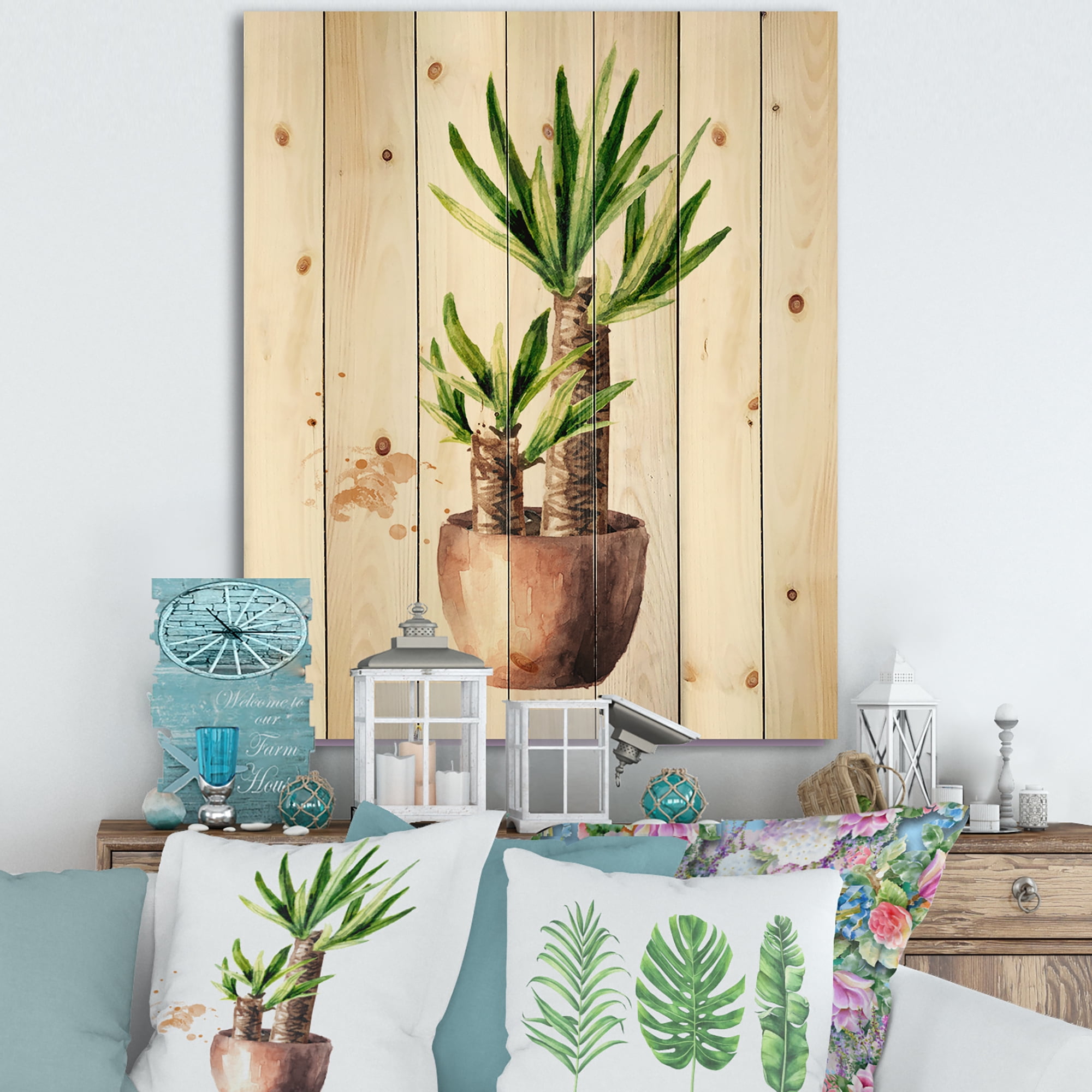 Designart 'Yucca Tree In The Ceramic Flower Pot On White' Traditional Print on Natural Pine Wood