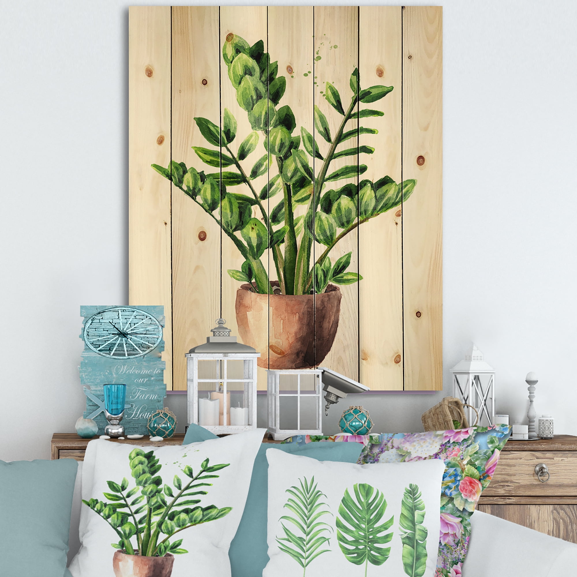 Designart 'Zamioculcas Tropical Plant With Green Leaves On White' Traditional Print on Natural Pine Wood
