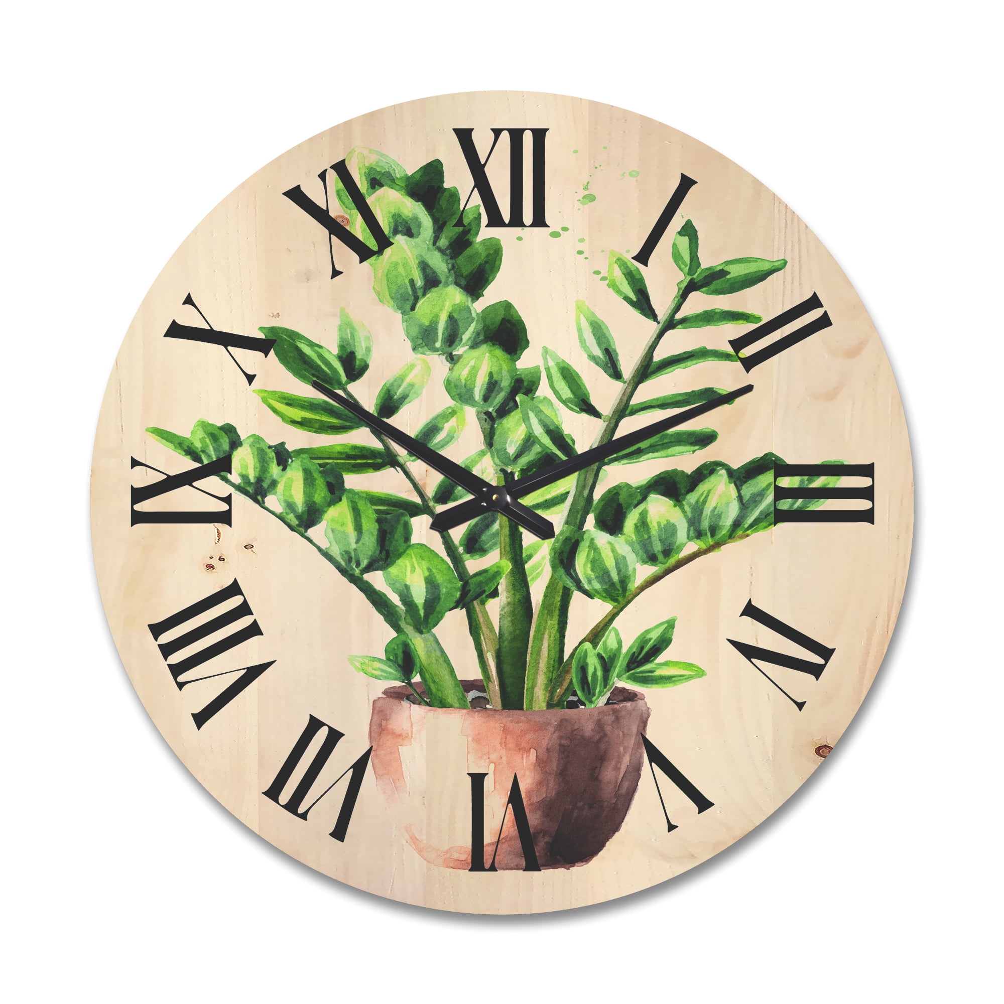 Designart 'Zamioculcas Tropical Plant With Green Leaves On White' Traditional Wood Wall Clock