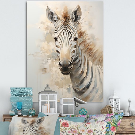 Designart "Zebra Color Pop In Beige And Gold" Animals Zebra Wall Art Living Room