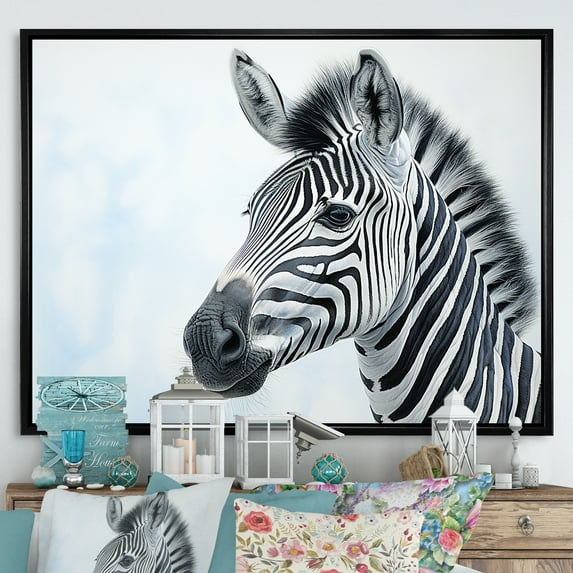 Designart "Zebra Color Pop In Black And Blue I" Animals Zebra Floater Framed Canvas Art Print