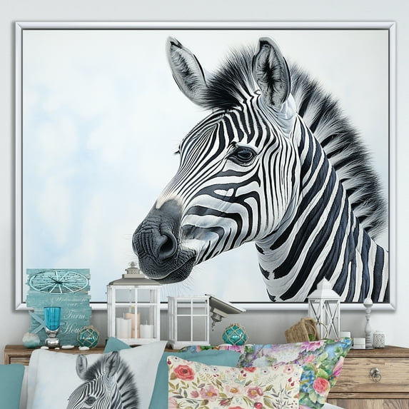 Designart "Zebra Color Pop In Black And Blue I" Animals Zebra Floater Framed Canvas Art Print