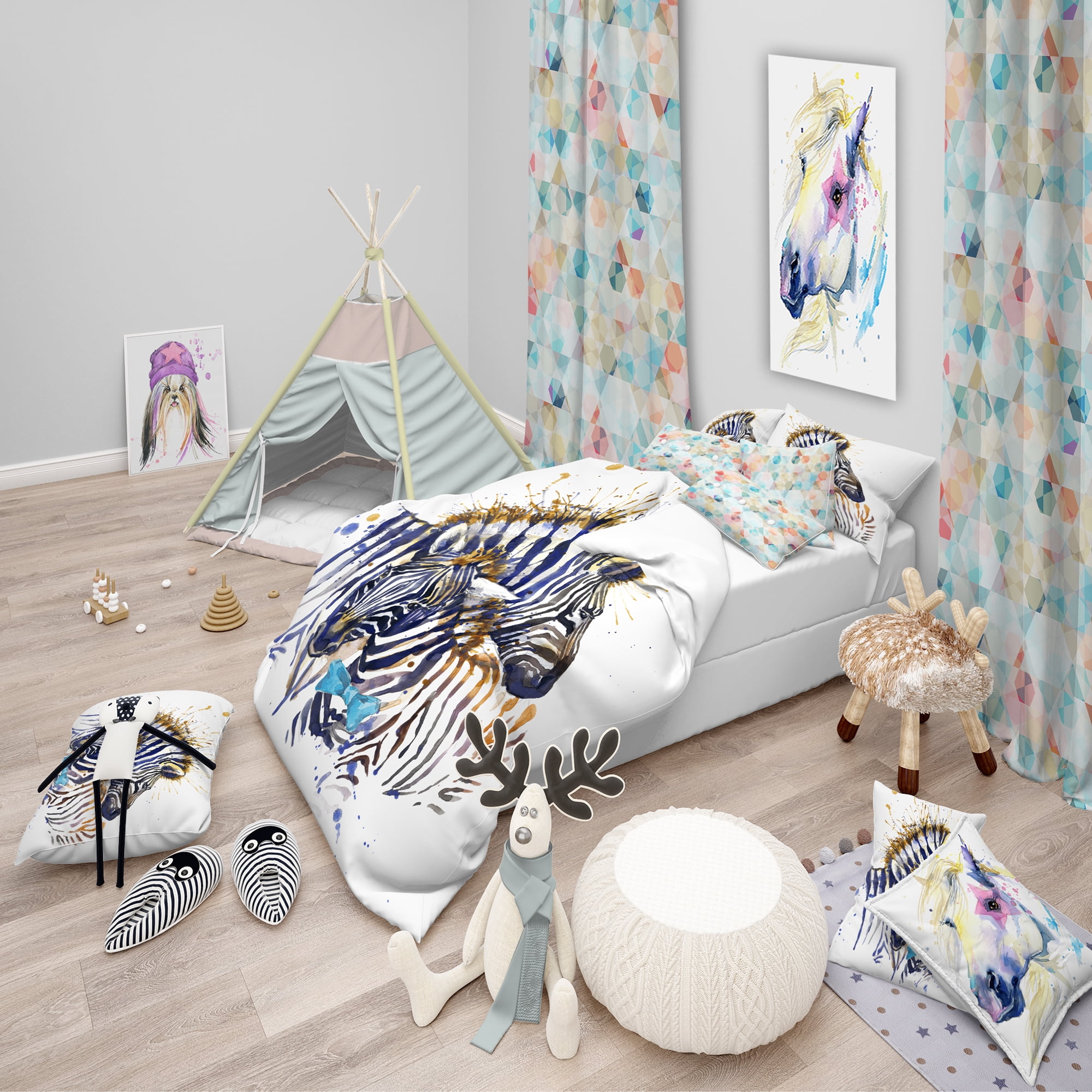 Designart 'Zebra Family Illustration Watercolor' Tropical Duvet Cover Set