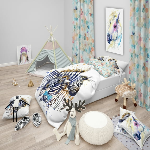 Designart 'Zebra Family Illustration Watercolor' Tropical Duvet Cover Set