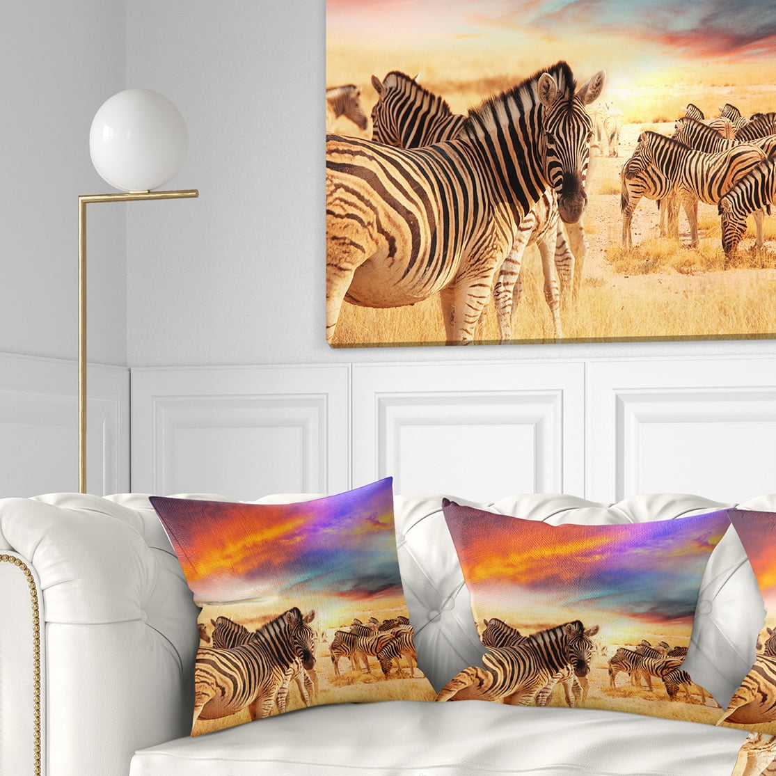 Designart Zebra Herd under Colorful Sunset Sky - Animal Throw Pillow - 16x16