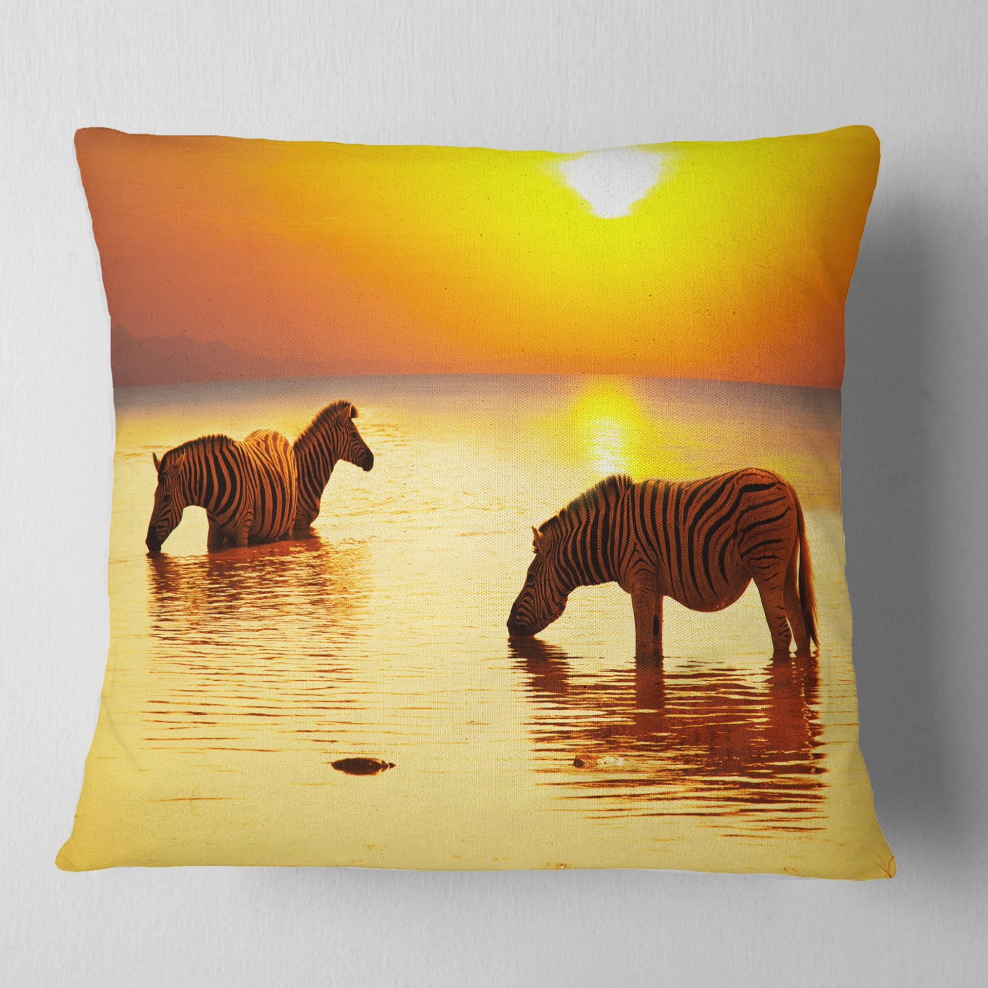 Designart Zebras Drinking in Lake at Sunset - Animals Throw Pillow - 18x18