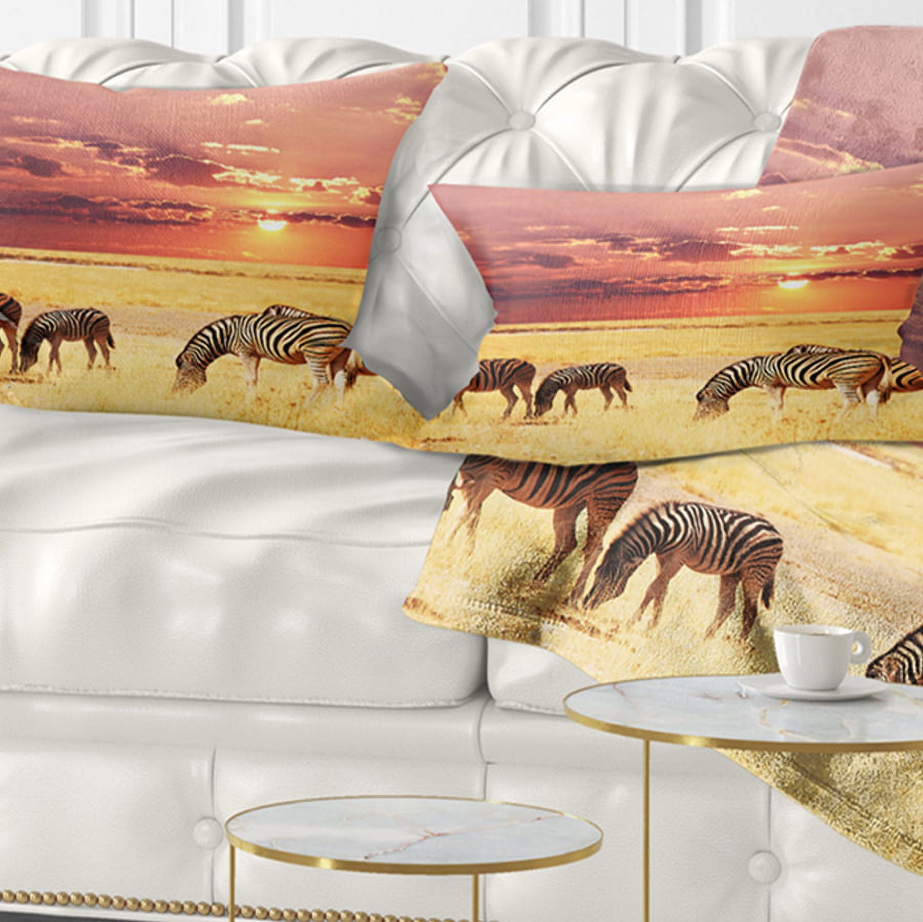 Designart Zebras Grazing Together at Sunset - Modern Landscape Printed Throw Pillow - 12x20
