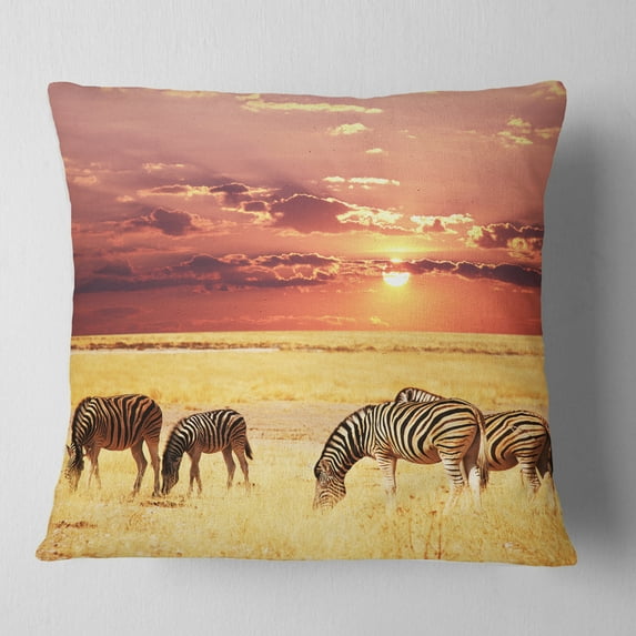 Designart Zebras Grazing Together at Sunset - Modern Landscape Printed Throw Pillow - 16x16